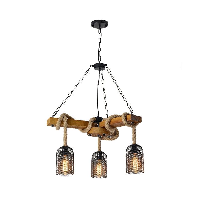 Stylish Lodge Pendant Lighting: Wood and Rope Ceiling Fixture with Wire Mesh, 3/6 Lights, Brown Base