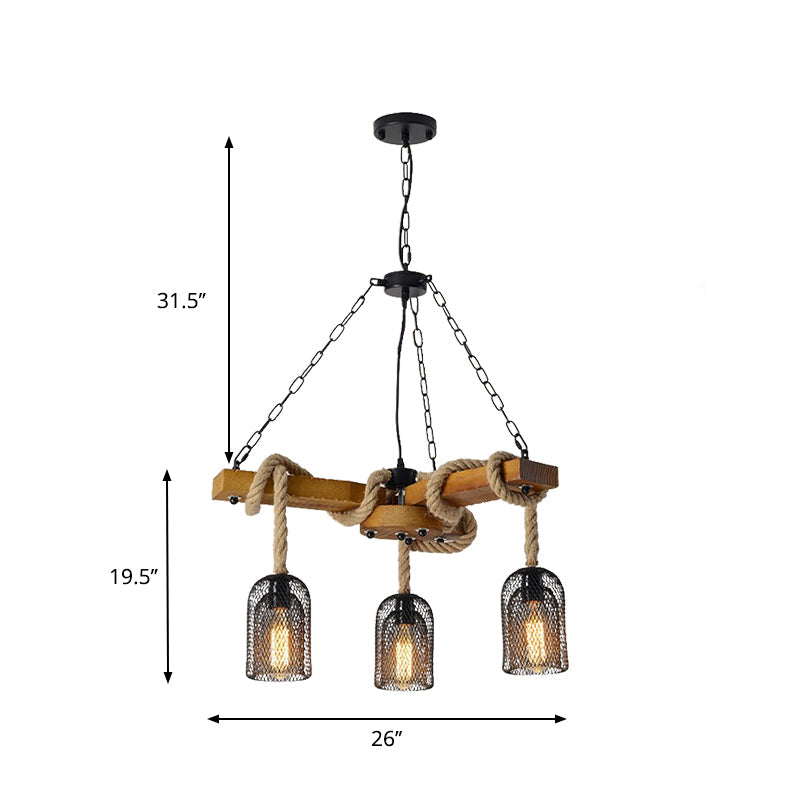 Stylish Lodge Pendant Lighting: Wood and Rope Ceiling Fixture with Wire Mesh, 3/6 Lights, Brown Base