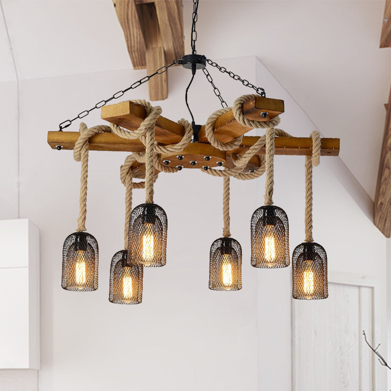 Lodge Style Pendant Light With Wire Mesh Wood And Rope - Brown Base 3/6 Lights 6 /