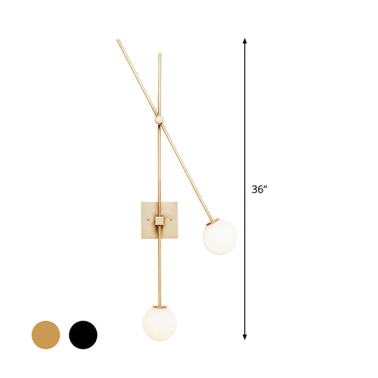 Minimalist Opal Glass Bubble Wall Sconce With Metal Arm - 2 Bulb Light Fixture In Black/Gold