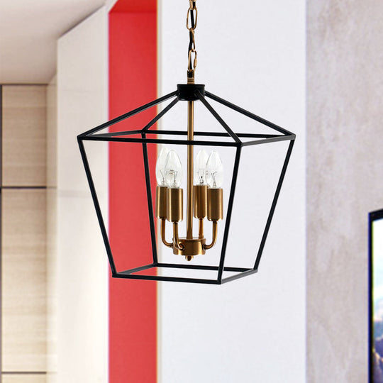 Industrial 4-Light Pendant Chandelier With Wire Cage Shade Black
