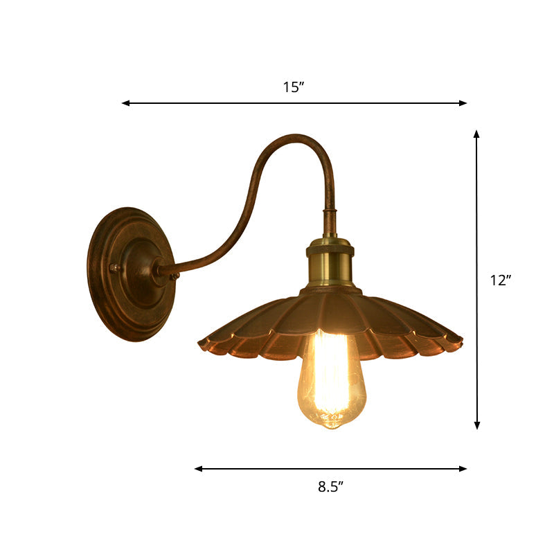 Antique Style Metal Wall Sconce With Scalloped Edge Weathered Copper Finish And Gooseneck Arm - 1