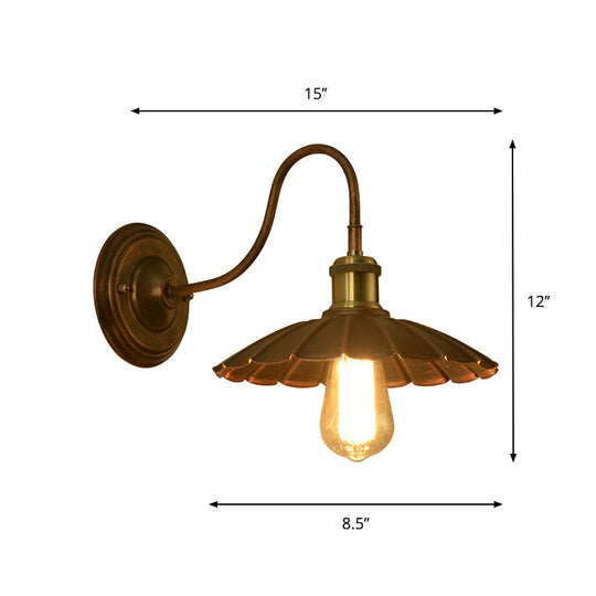 Antique Style Metal Wall Sconce With Scalloped Edge Weathered Copper Finish And Gooseneck Arm - 1