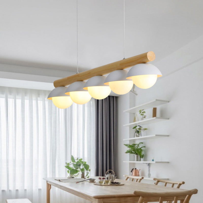 Modern Asian Style Tubular Wood Led Island Lighting - 5 Lights White Hanging Ceiling Lamp For Dining