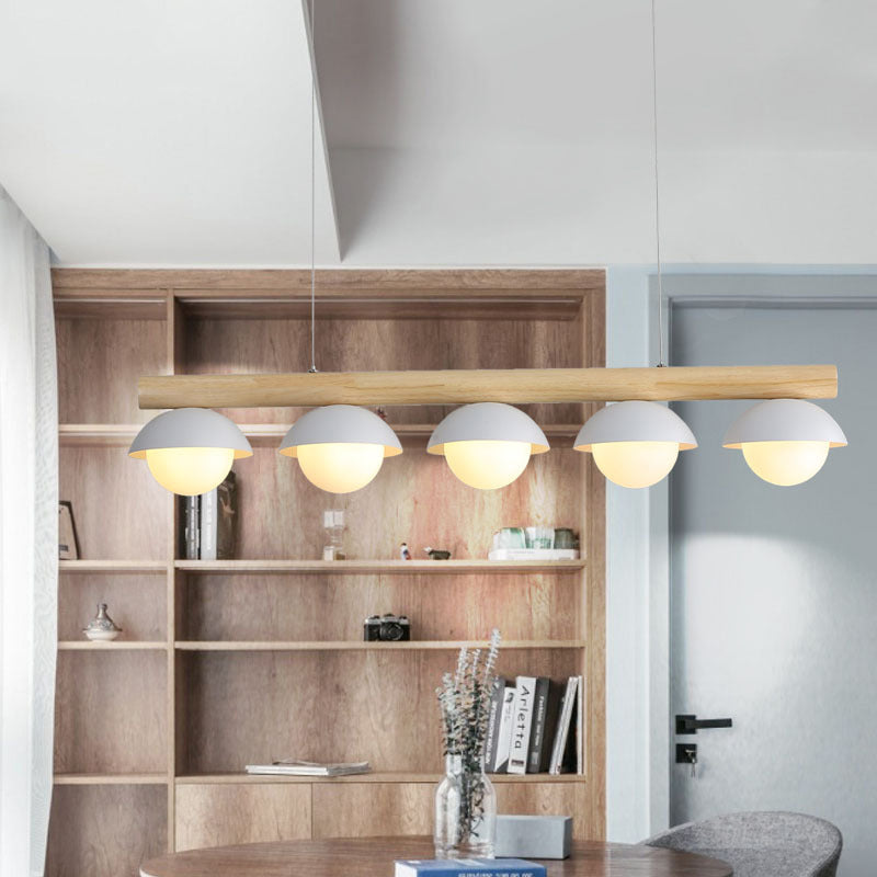 Modern Asian Style Tubular Wood Led Island Lighting - 5 Lights White Hanging Ceiling Lamp For Dining
