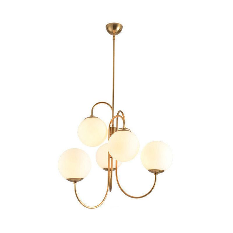 Modern Gold Finish 6-Head Chandelier With Frosted Glass Sphere Shade