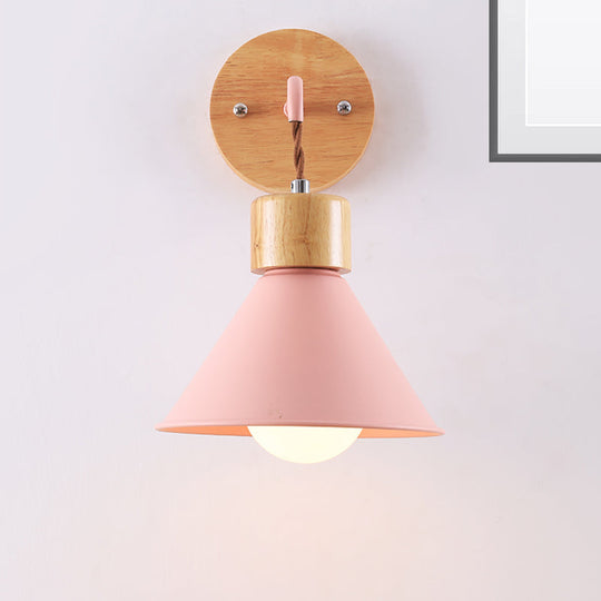Metallic Nordic Wall Sconce With Wooden Cap - Stylish Cone Shade 1 Light Blue/Pink/White Pink