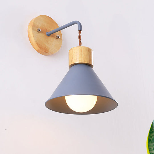 Metallic Nordic Wall Sconce With Wooden Cap - Stylish Cone Shade 1 Light Blue/Pink/White Blue