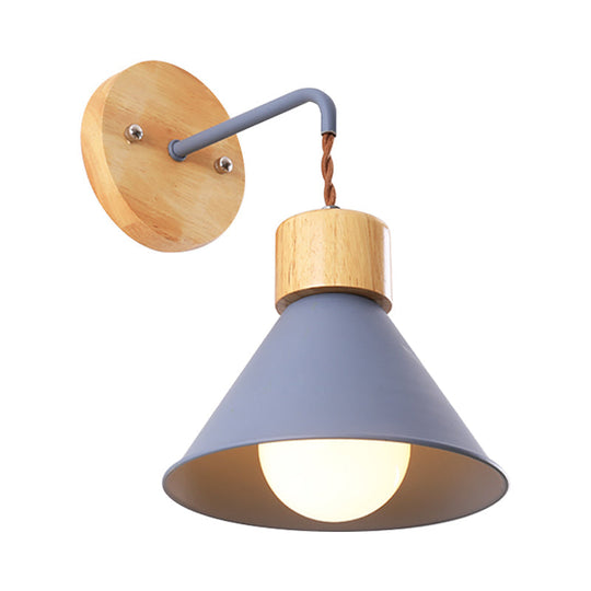 Metallic Nordic Wall Sconce With Wooden Cap - Stylish Cone Shade 1 Light Blue/Pink/White