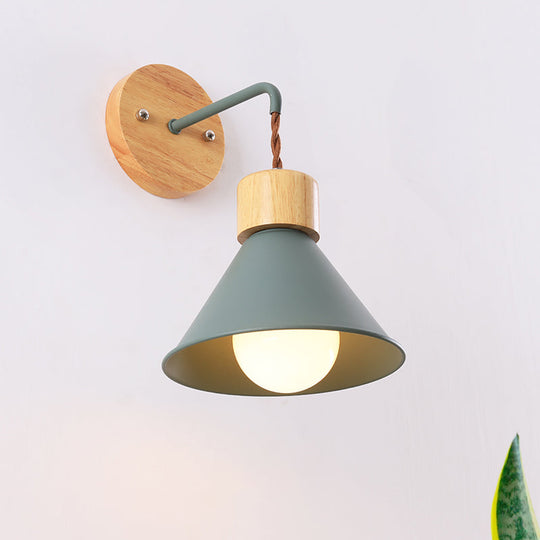 Metallic Nordic Wall Sconce With Wooden Cap - Stylish Cone Shade 1 Light Blue/Pink/White Green