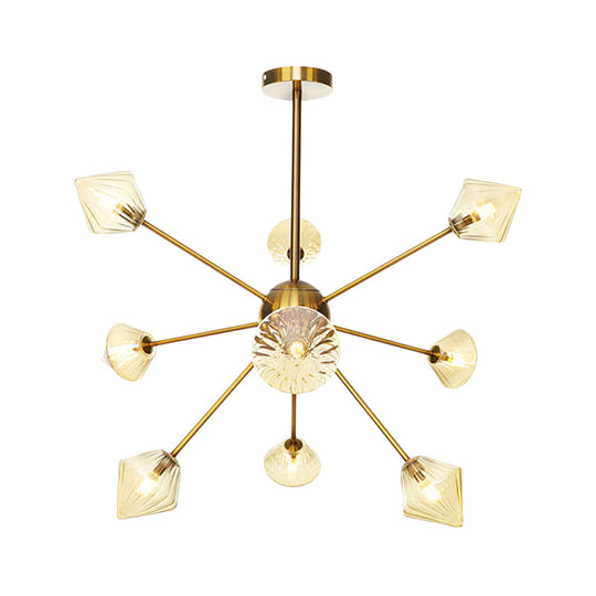 Modernist Clear/Amber Glass Diamond Chandelier With Sputnik Design - 9 Bulbs Led Pendant Lamp In