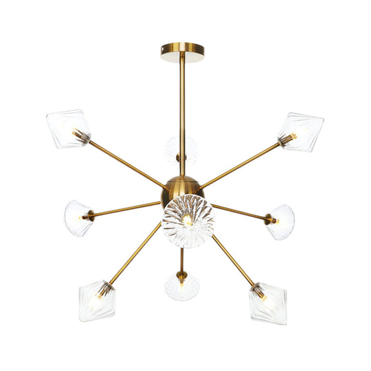 Modernist Clear/Amber Glass Diamond Chandelier With Sputnik Design - 9 Bulbs Led Pendant Lamp In