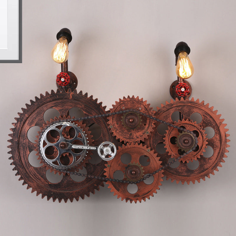Industrial Weathered Copper Wall Sconce With Bare Bulb - Gear Design Wrought Iron 2 Lights
