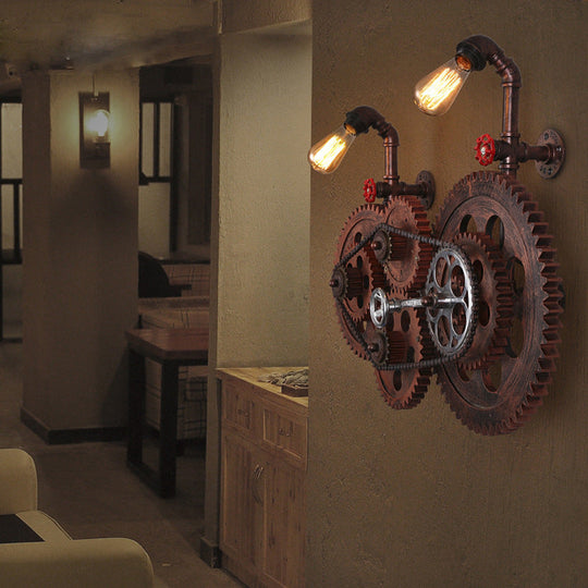Industrial Weathered Copper Wall Sconce With Bare Bulb - Gear Design Wrought Iron 2 Lights