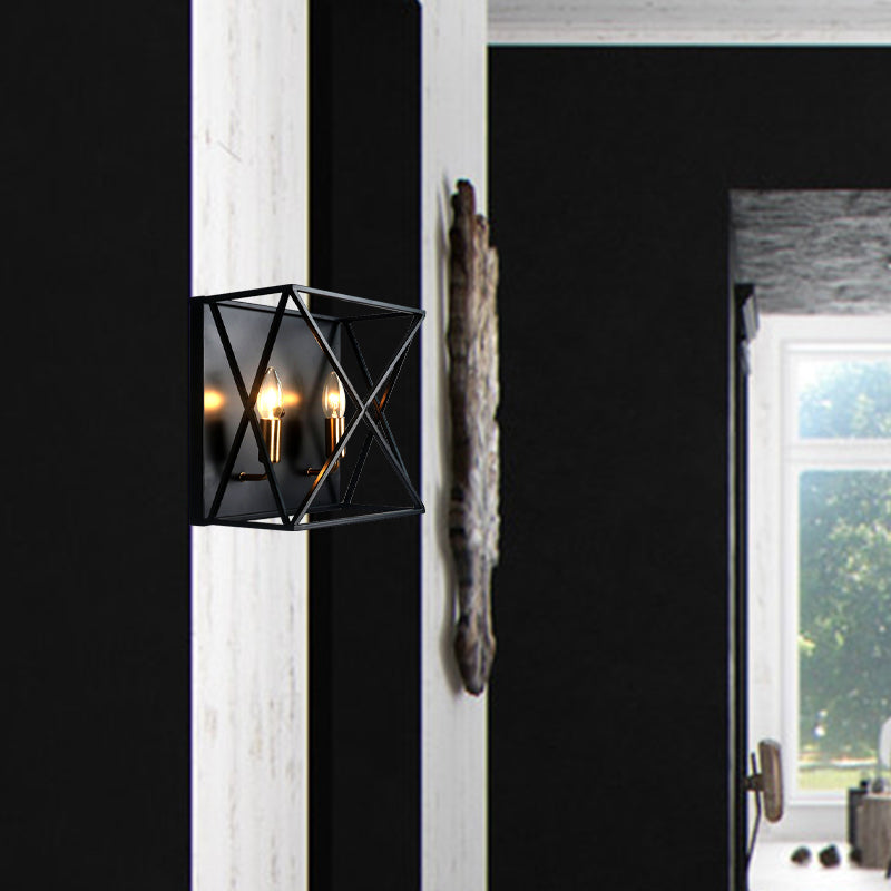 Farmhouse Style Metal Sconce Light Fixture - 2 Bulb Black Finish Wall Lamp With Wire Frame