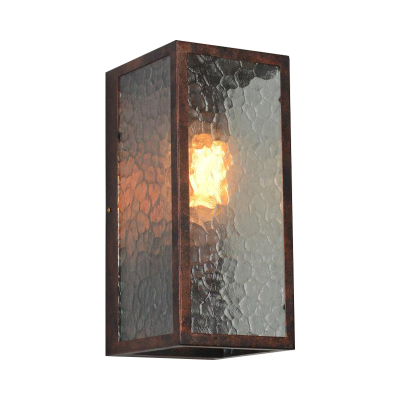 Clear Cracked Glass Rectangle Restaurant Sconce Lamp In Weathered Copper