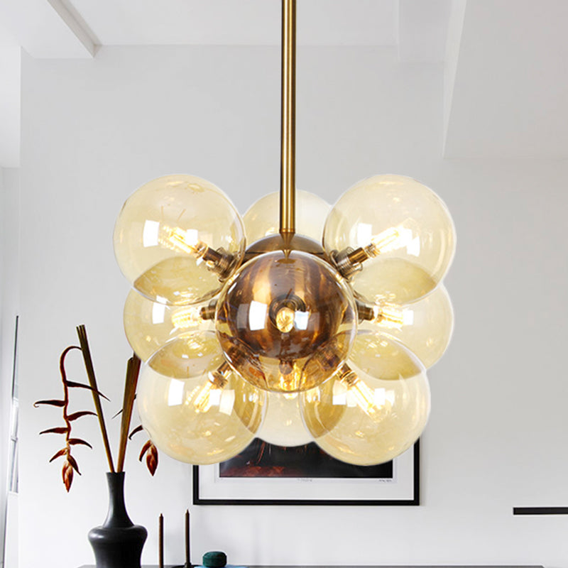 Modern Textured White/Amber Glass Ball Led Chandelier - 9 Heads Hanging Ceiling Lamp For Dining Room