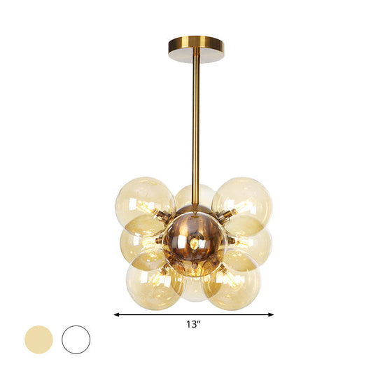 Modern Textured White/Amber Glass Ball Led Chandelier - 9 Heads Hanging Ceiling Lamp For Dining Room