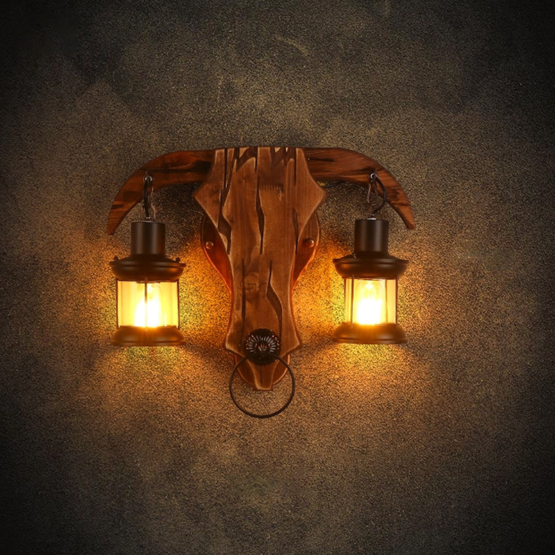 Bull Shaped Sconce Wall Lamp - Retro Style With 2 Bulbs Wood And Metal Lantern Shade Brown