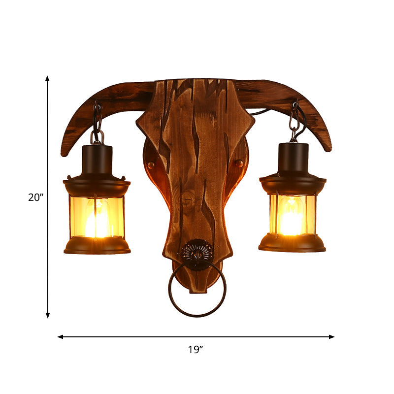 Bull Shaped Sconce Wall Lamp - Retro Style With 2 Bulbs Wood And Metal Lantern Shade