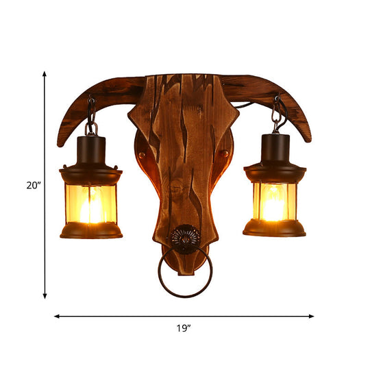 Bull Shaped Sconce Wall Lamp - Retro Style With 2 Bulbs Wood And Metal Lantern Shade