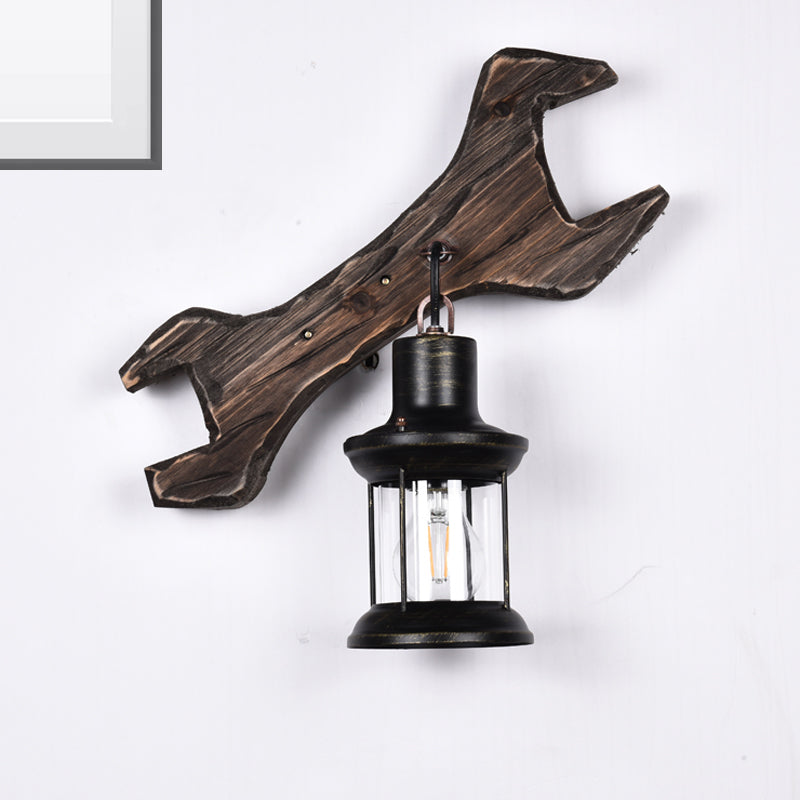Industrial Style Wood Lantern Wall Sconce With Bronze Backplate And 1 Light Fixture Antique