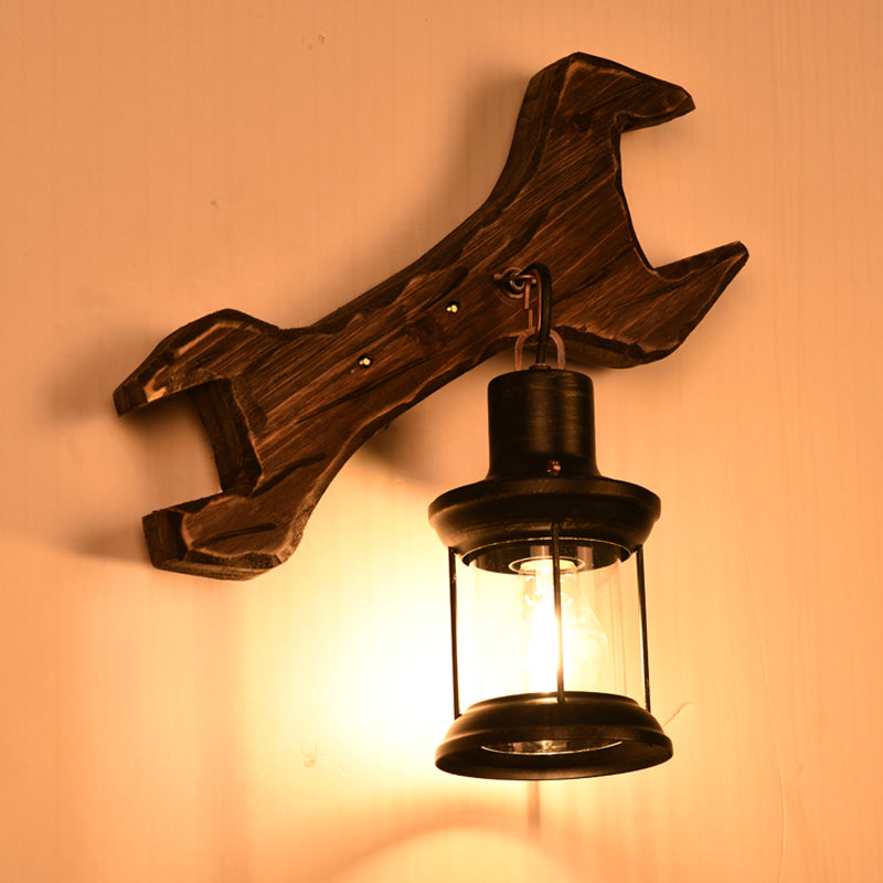 Industrial Style Wood Lantern Wall Sconce With Bronze Backplate And 1 Light Fixture