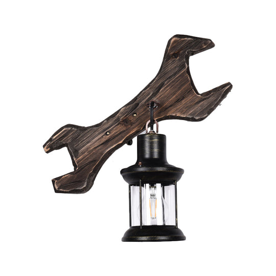 Industrial Style Wood Lantern Wall Sconce With Bronze Backplate And 1 Light Fixture