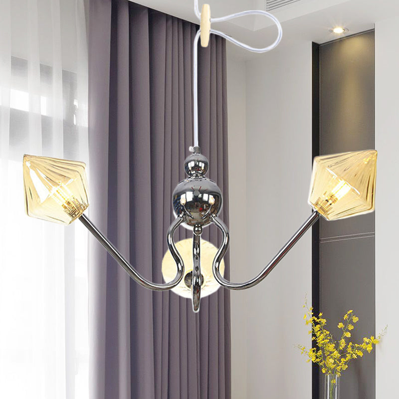 Contemporary Diamond Amber Glass Chandelier - 3-Light Chrome Led Pendant