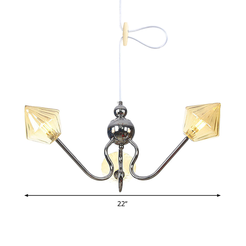 Contemporary Diamond Amber Glass Chandelier - 3-Light Chrome Led Pendant