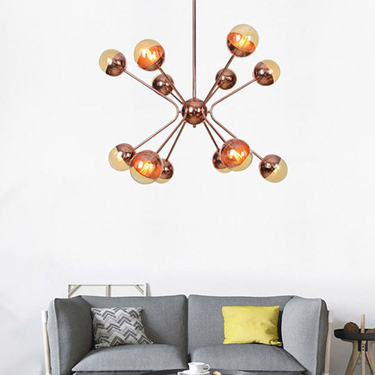 Rose Gold Sphere Chandelier With Amber Glass Shades - Modernist 12-Head Ceiling Light