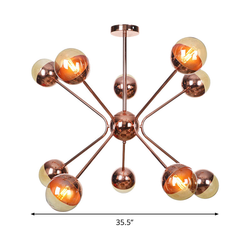 Rose Gold Sphere Chandelier With Amber Glass Shades - Modernist 12-Head Ceiling Light