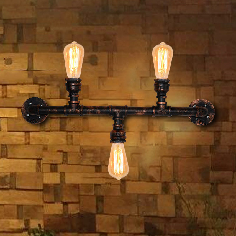 Industrial Metal Wall Sconce With 3 Exposed Copper Heads - Weathered Vintage Style Water Pipe Lamp
