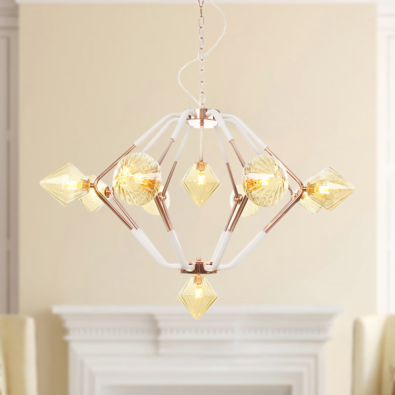 Modern Rose Gold LED Chandelier with Diamond Amber Glass Shade - 10 Lights, Bedroom Lighting