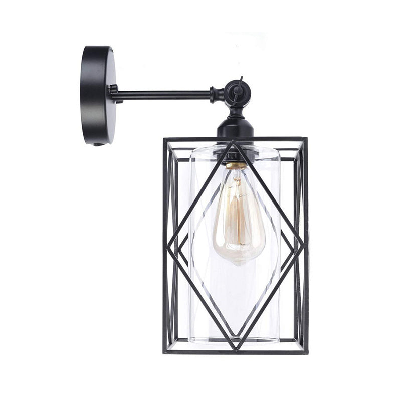 Industrial Black Caged Wall Lamp With Clear Glass Shade - Direct Wired/Plug In