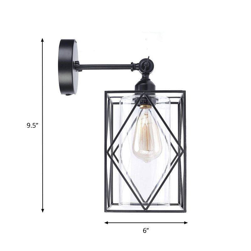Industrial Black Caged Wall Lamp With Clear Glass Shade - Direct Wired/Plug In