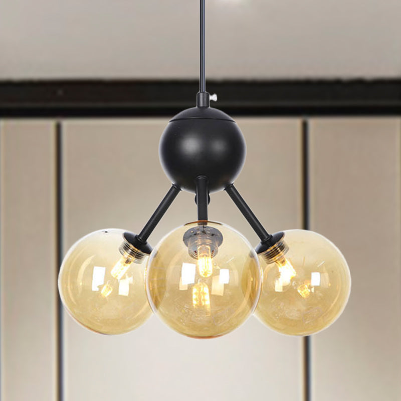 Modernist 3-Head Led Amber Glass Globe Ceiling Chandelier Pendant Lamp In Black