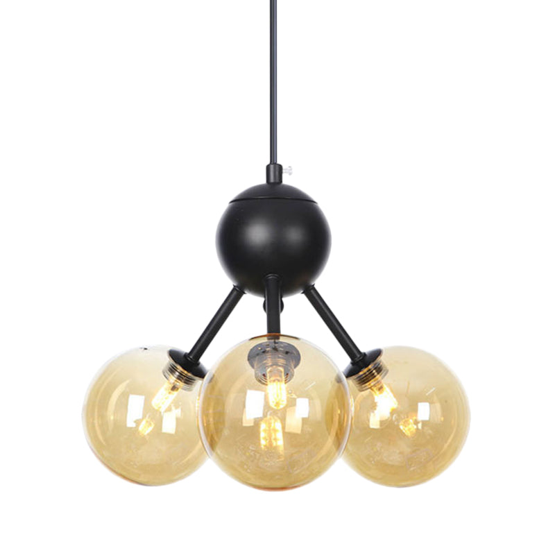 Modernist 3-Head Led Amber Glass Globe Ceiling Chandelier Pendant Lamp In Black