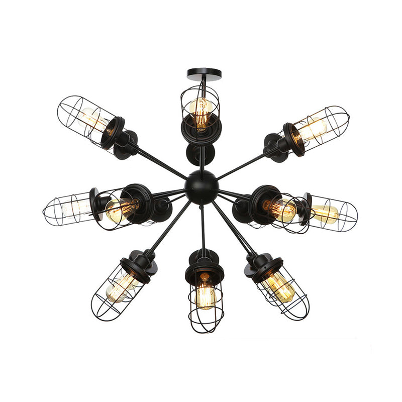Caged Iron Chandelier - Farmhouse Style Ceiling Lamp Black Finish With Sputnik Design 9/12/15 Lights