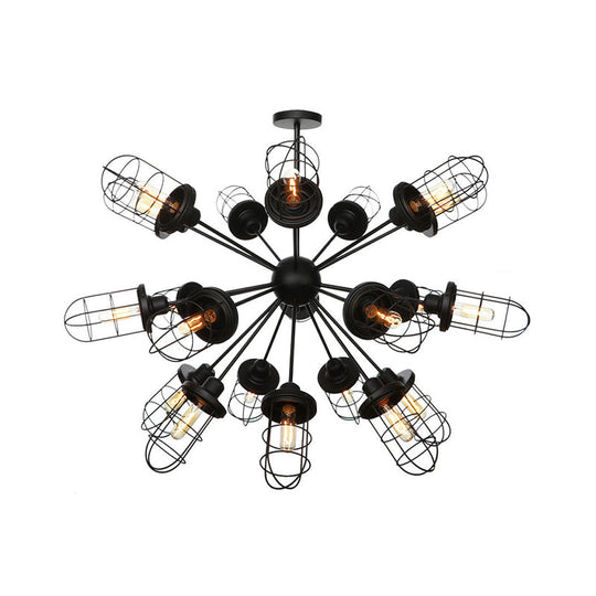 Farmhouse Style Iron Caged Chandelier - 9/12/15 Lights, Sputnik Design, Black Finish