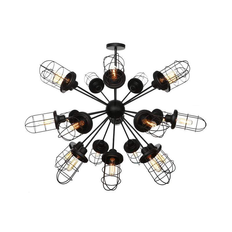 Caged Iron Chandelier - Farmhouse Style Ceiling Lamp Black Finish With Sputnik Design 9/12/15 Lights