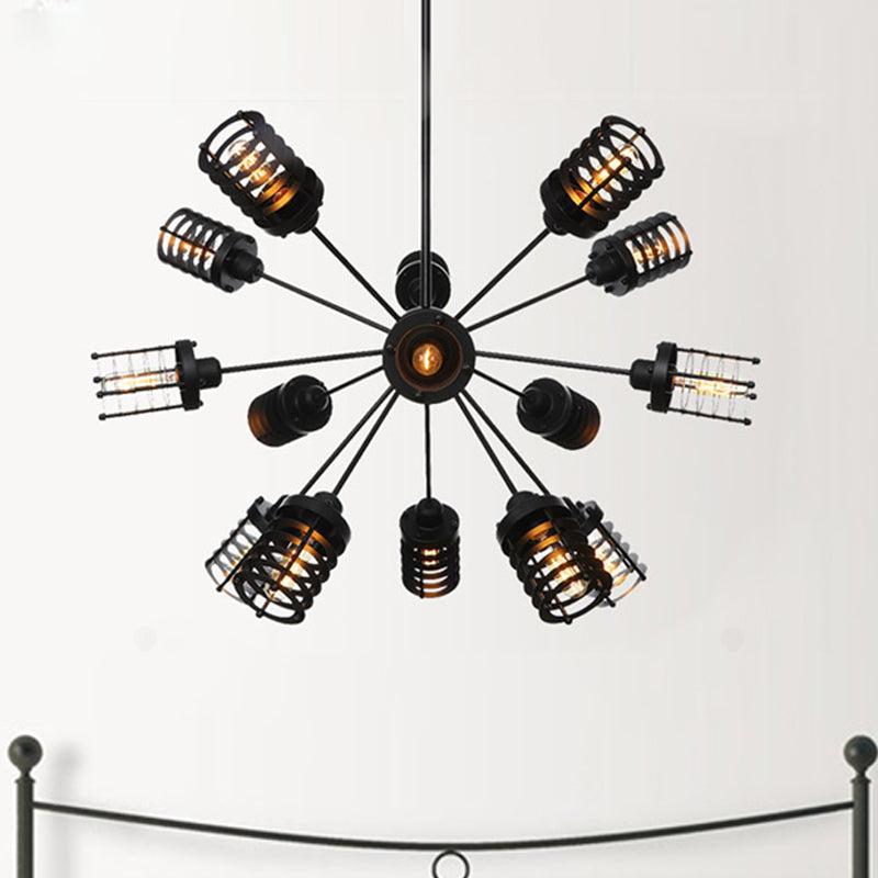 Vintage Hanging Starburst Chandelier Light With Cylinder Frame Shade - 9/12/15 Metal Heads In Black