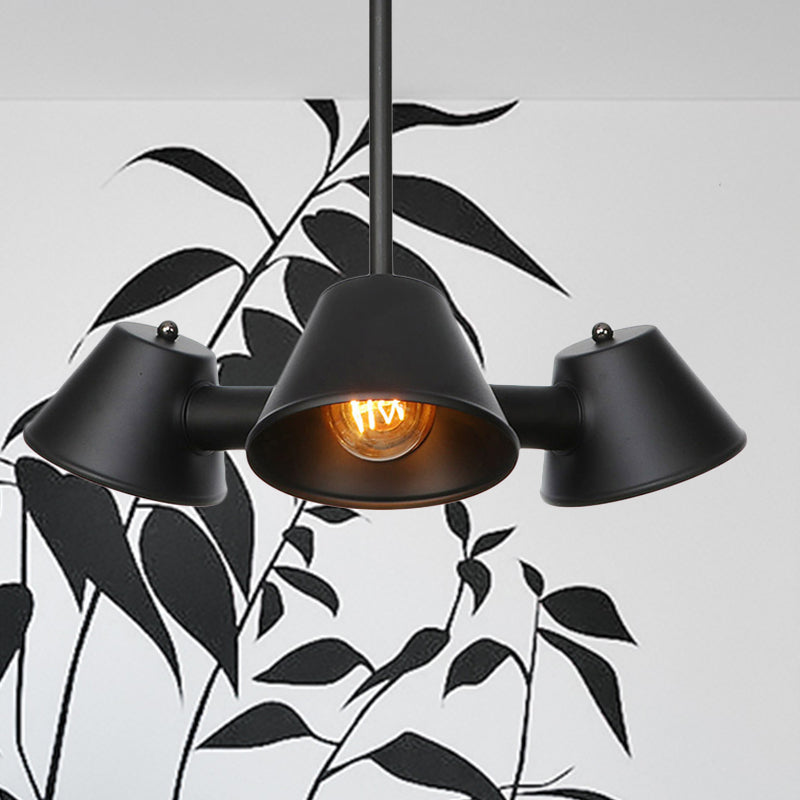 Stylish Industrial Chandelier With Conical Metal Shades And 3 Lights