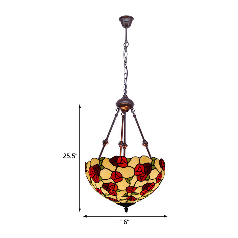 Hand Cut Glass Victorian Bowl Chandelier - 2 Lights, Red/Pink/Purple - Bedroom Pendant Lamp