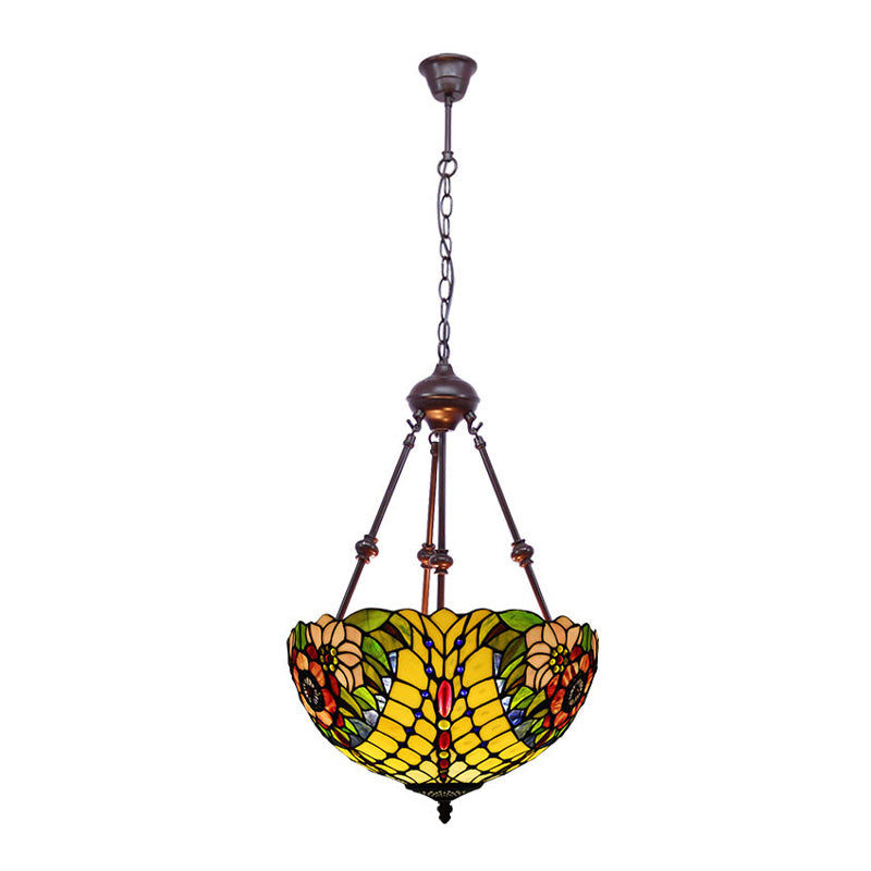 Tiffany Style 2-Light Flower Bush Chandelier Lamp with Stained Glass Pendant - Red/Yellow/Purple