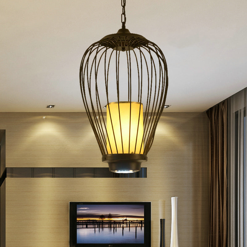 Sleek Caged Ceiling Lighting: Modern Metal Suspension Lamp - 14/18 Width Fabric Shade