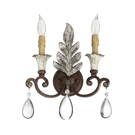 Traditional Crystal Candlestick Rust/Aged Silver Wall Sconce Light Fixture - Elegant Living Room