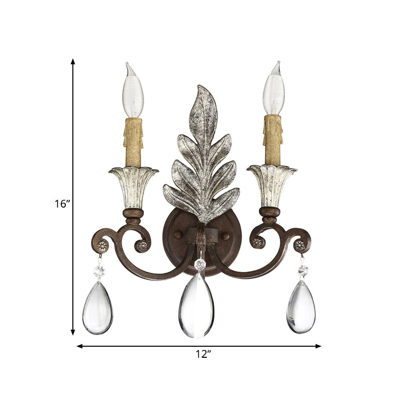 Traditional Crystal Candlestick Rust/Aged Silver Wall Sconce Light Fixture - Elegant Living Room