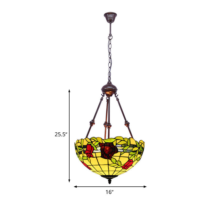 Mediterranean Stained Glass Bowl Ceiling Chandelier with 2 Red/Yellow/Green Pendant Lights