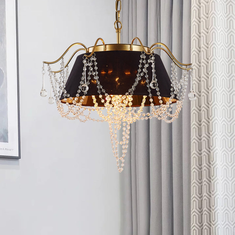 Contemporary Black Cone Pendant Ceiling Light With 4 Metal Chandelier Lights And Crystal Bead Accent